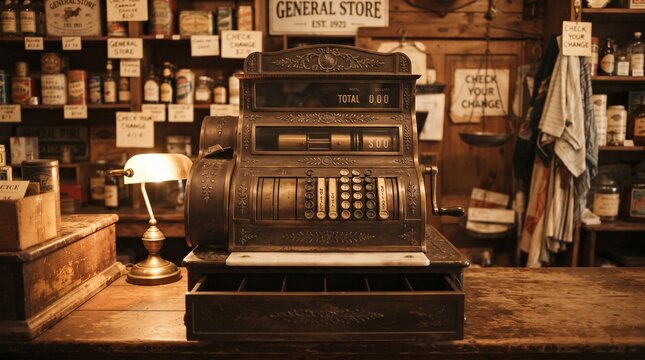 Antique metal cash register on wooden counter inside a rustic vintage general store interior