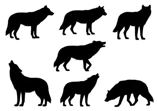 Set of black wolf silhouettes in various standing and walking poses isolated on a plain background
