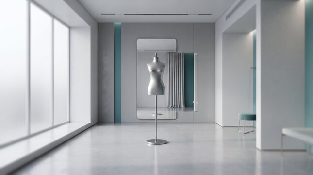 Minimalist modern fitting room with white mannequin torso and large mirror in bright studio
