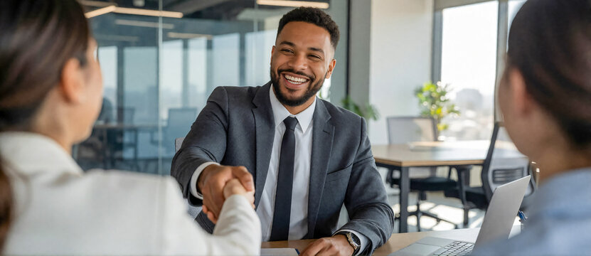 Smiling diverse businessman shakes hands with new female client after successful meeting.