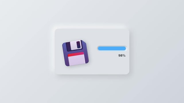 Retro floppy disk icon with modern progress bar on white background