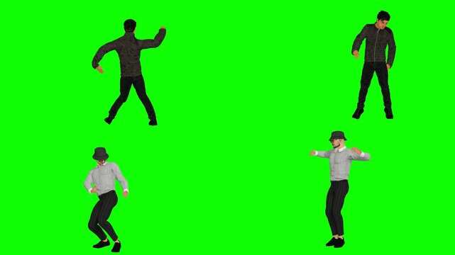 Four animated stylish men happily celebrating with synchronized victory dance moves against a solid green screen background, ideal for music videos, party scenes, and broadcast video motion.