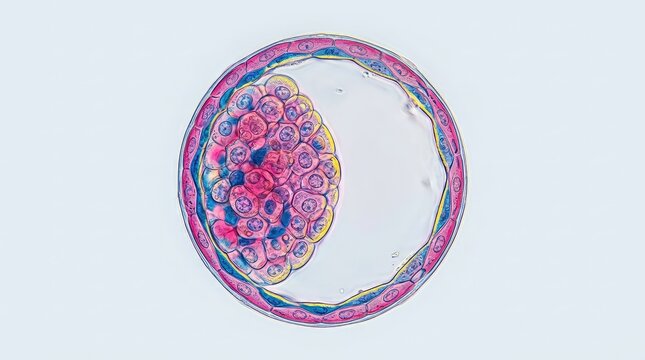 High-resolution micrograph showing a human blastocyst with a prominent inner cell mass and distinct trophoblast layer, under DIC microscopy, human, precise, microscopic