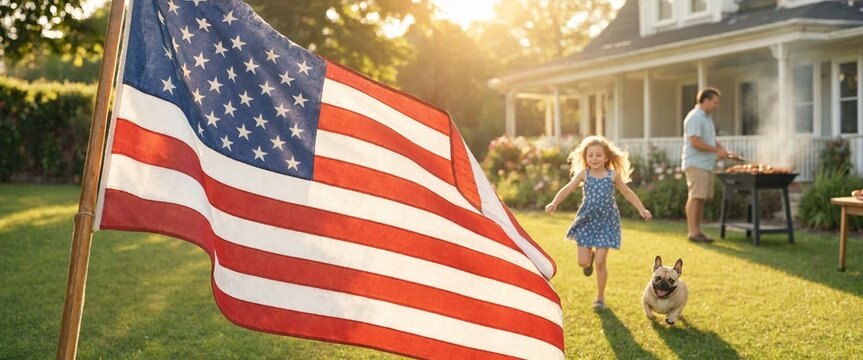 American flag waving in front of family garden with father grilling food during summer celebration.
