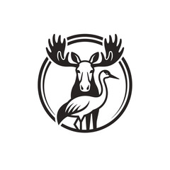 Fototapeta premium Vintage moose and crane wildlife logo, rustic animal emblem in circular frame, black and white forest fauna vector illustration silhouette vector