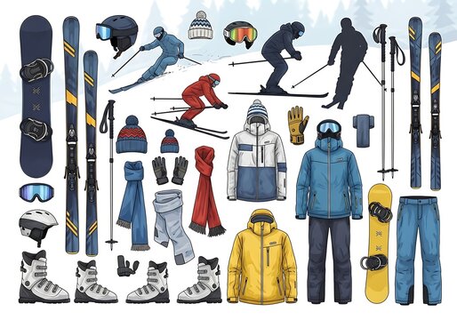 Set of winter sports equipment and clothing for skiing and snowboarding