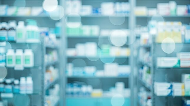 Blurred pharmacy shelves with medication and healthcare products