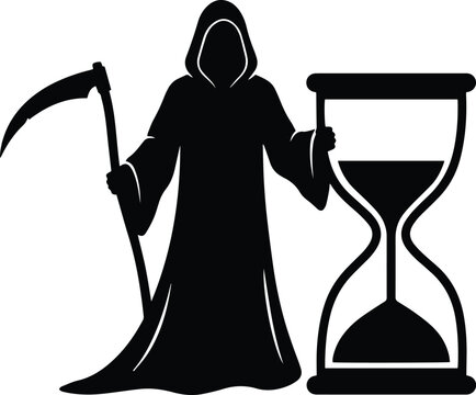 Ominous black and white vector silhouette of the grim reaper holding a scythe next to a giant hourglass for time concept