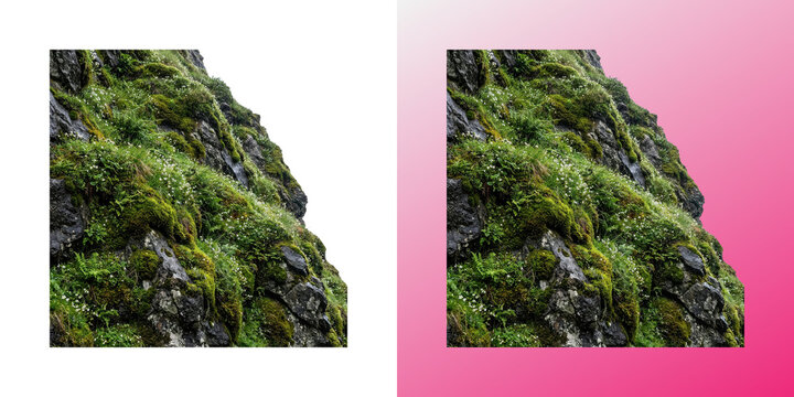 Textured Green Mossy Rock Face with Tiny White Flowers and Lush Plants