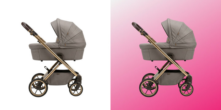 Modern Grey Baby Pram Stroller with Gold Frame on Pink Background