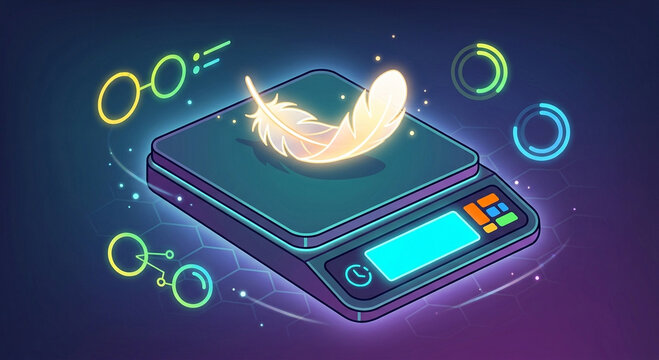 Glowing digital scale weighing feather vector art