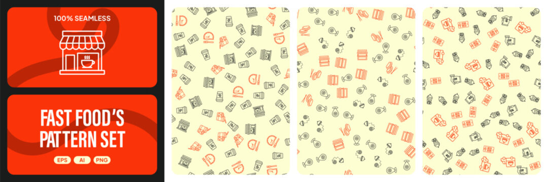Fast food pattern set with coffee shop, burger, pizza, and delivery icons for restaurant menu or cafe background design