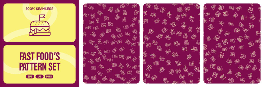 Fast food seamless pattern set with line icons of burger, french fries and pizza on a purple background