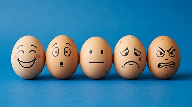 Diverse egg emotions shown on a blue background with studio lighting