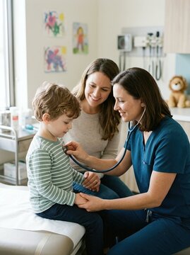 Female doctor examining young boy with stethoscope in medical clinic. Mother holding her son hand supportively during pediatric checkup. World childrens day healthcare and pediatric wellness support.