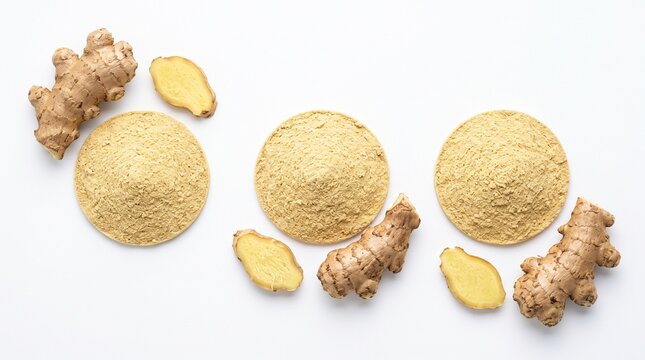 Fresh ginger root pieces and piles of organic ginger powder on white background
