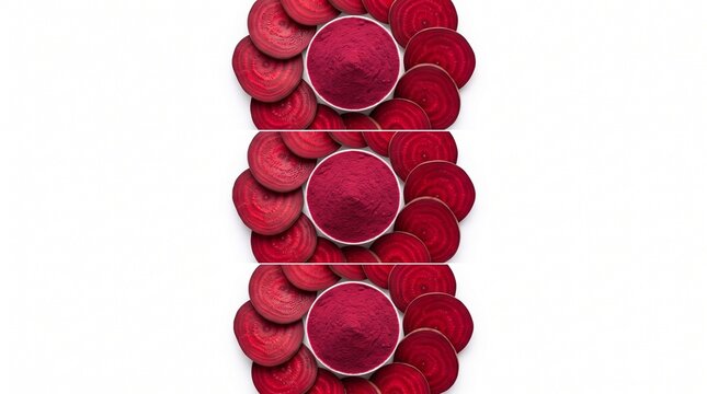 Three piles of red beetroot powder surrounded by fresh sliced beetroots