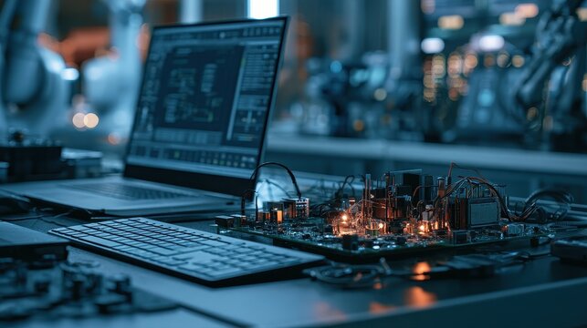 Embedded System firmware control automation intelligent devices industrial evolution selective focus robotics laboratory futuristic Composite embedded development bench. 