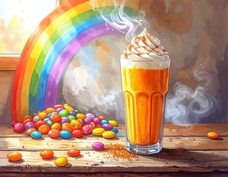Colorful Rainbow Themed Glass of Orange Drink with Scattered Candies.