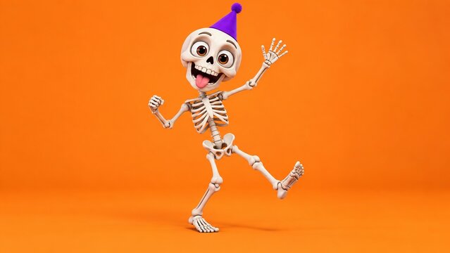 Funny cartoon skeleton in purple party hat dancing with joy on orange background. Playful 3d character celebrating with happy expression and tongue out.