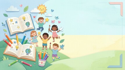 Fototapeta premium Diverse children playing and learning with books and pencils. Paper craft illustration featuring happy kids and school supplies. World childrens day celebration of education and youth.