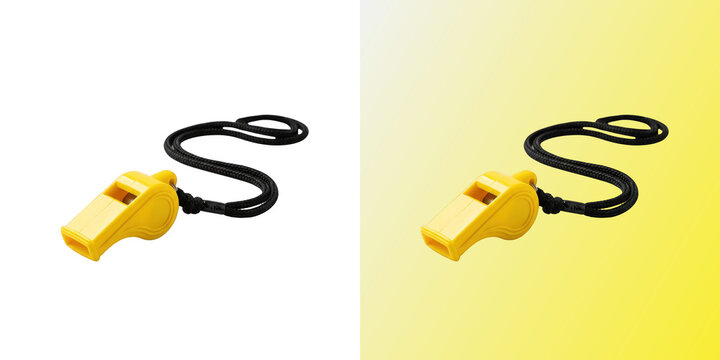 Yellow sports whistle with black lanyard cord isolated on white