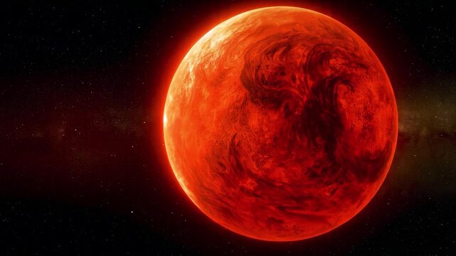 4K Video of a fiery orange red planet with dramatic swirling surface patterns glowing against a dark cosmic background.