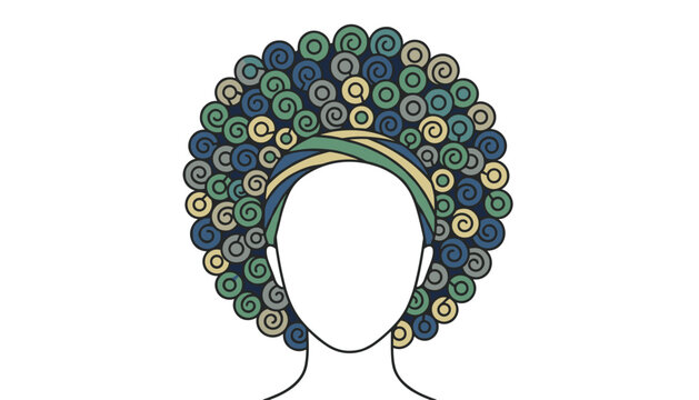Stylized vector portrait of a woman with a magnificent colorful curly afro hairstyle and matching cross headband.