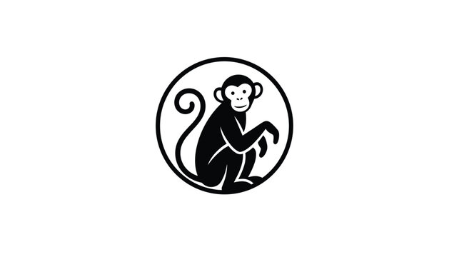 Minimalist circular logo design features a stylized black monkey sitting peacefully on a clean white background.