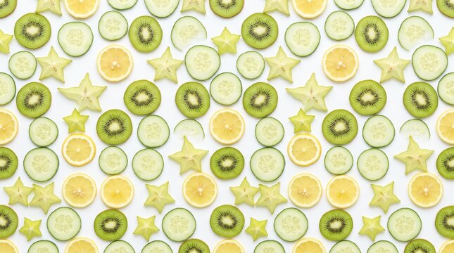 Fresh sliced kiwi fruit cucumber rounds and starfruit pattern background