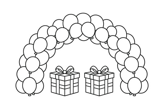Grand balloon arch over two patterned gift boxes with bows vector
