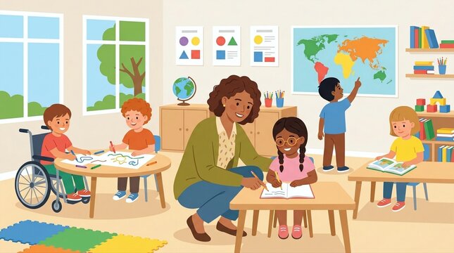 Diverse children learning in a bright kindergarten classroom. Inclusive education showing a child in a wheelchair and supportive teacher. World Childrens Day celebration of diversity and learning.