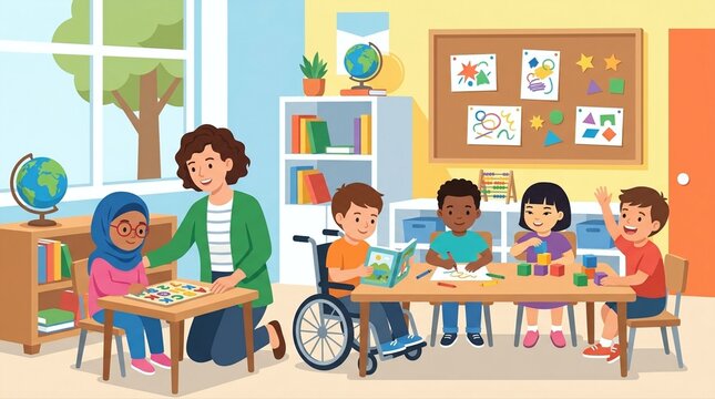 Diverse children and teacher learning together in a colorful classroom. Inclusive education featuring a boy in a wheelchair and peers. Promoting diversity and inclusion in early childhood education.