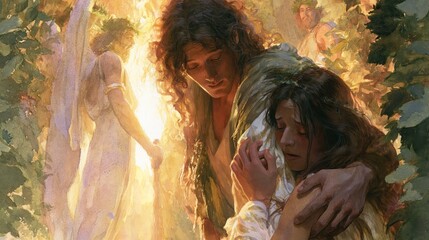 Fototapeta premium Sunlit biblical scene of a compassionate man comforting a sorrowful woman as angelic figures appear in a golden garden, evoking mercy, protection, and faith