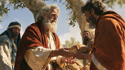 Fototapeta premium Patriarchal hospitality scene: a venerable biblical patriarch and companions sharing and offering bread to travelers under an olive tree, evoking stories of welcome and provision.