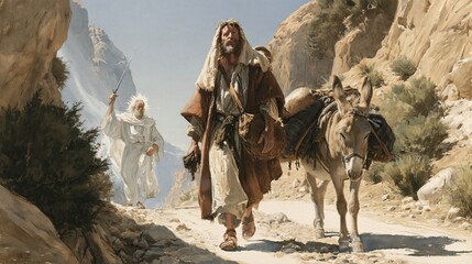 Fototapeta premium Biblical scene of a patriarch leading a donkey through a rocky desert canyon while an angelic messenger appears behind, symbolizing faith, guidance, pilgrimage, and divine promise