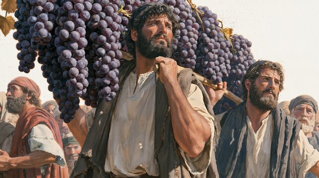 Biblical scene of Israelite spies carrying an enormous cluster of grapes from the land of Canaan, a vivid depiction of the Promised Land's abundant fruit and faith.