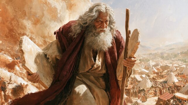 Moses descending from Mount Sinai with the stone tablets of the Ten Commandments, a prophet with staff and robes leading the Israelites through the desert toward their encampment