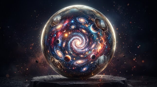 Universe Glass Sphere Space Time Concept, Miniature Galaxy Swirling Time Vortex
