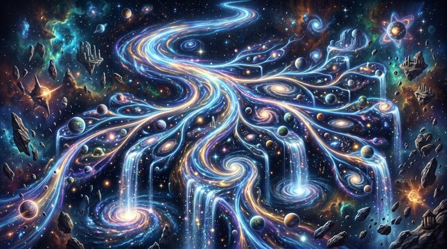 Time River Space Universe Concept, Glowing Flow Splitting Branching Timelines