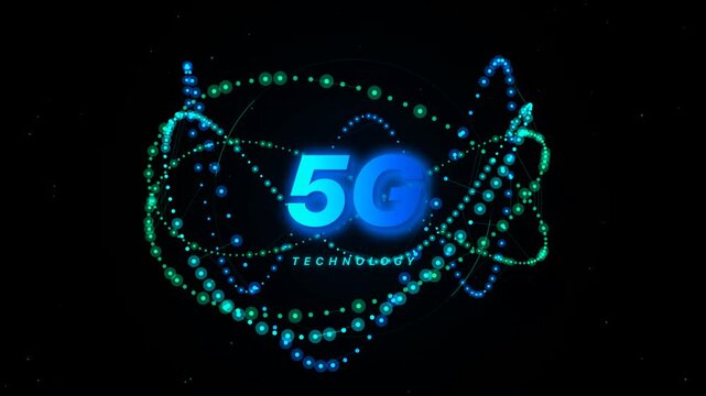 Futuristic glowing 5G technology logo animation with spinning blue and green particle light orbits