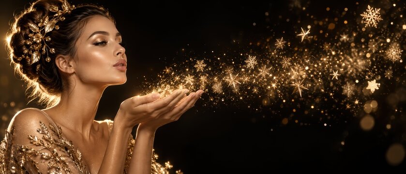 Elegant woman in a gold embellished dress blows sparkling golden dust, stars and snowflakes from her hands against a dark black background with warm glowing bokeh lights and festive sparkle