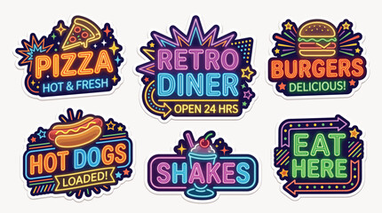 Fototapeta premium Colorful retro neon diner sign collection featuring fast food vectors with bright glowing artistic light effects