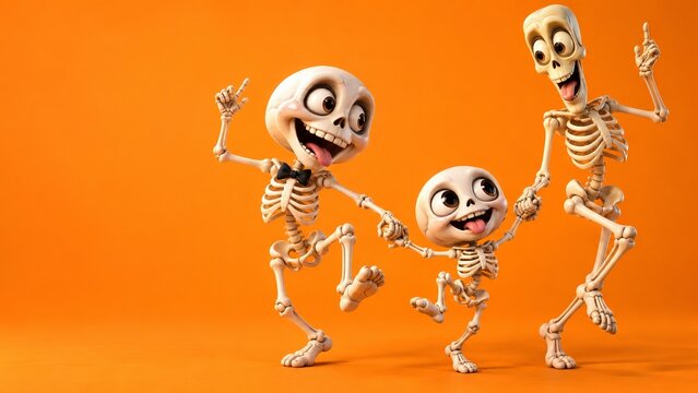Three funny cartoon skeletons dancing and holding hands on orange background. Happy skeleton family with big smiles and tongues out.