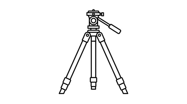 Minimalist black and white line art illustration of a photography or video camera tripod. Great for media, studio, filming, and broadcasting themes. Simple vector outline icon.