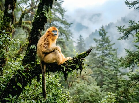 Golden snub-nosed monkey sitting on a moss-covered tree branch, gazing into the distance amid lush mountain forest vegetation and misty woodland scenery.