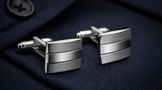 Close-up of elegant silver cufflinks on a dark blue suit fabric