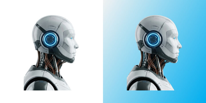 White futuristic humanoid robot head profile with blue glowing components isolated