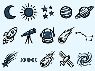 Hand-drawn space and astronomy concept set. Retro vector collection of planets, stars, sun, rocket, astronaut, telescope, satellite and comet for design and children illustrations. © JimTheJellyfish
