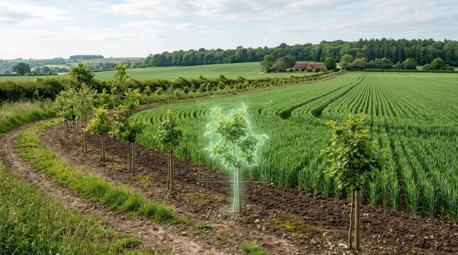 A row of young sapling trees planted along a green agricultural field in the countryside landscape